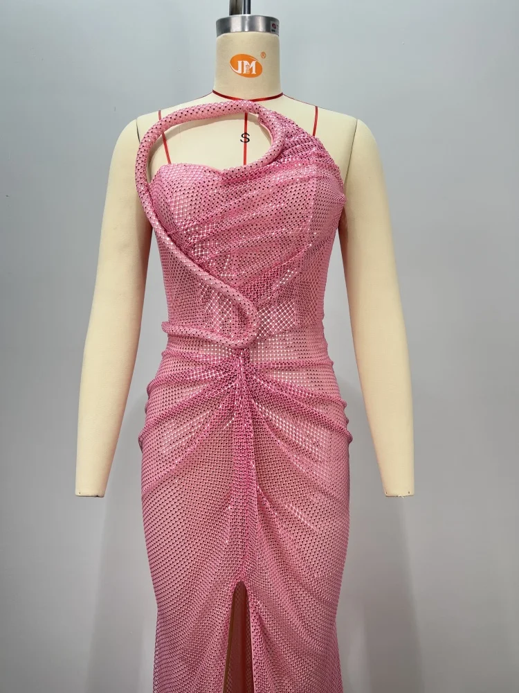 PB Eleganti abiti da sera in rete di cristallo rosa – Abito lungo aderente con taglio asimmetrico e spacco alto per feste, palcoscenici e balli di fine anno
