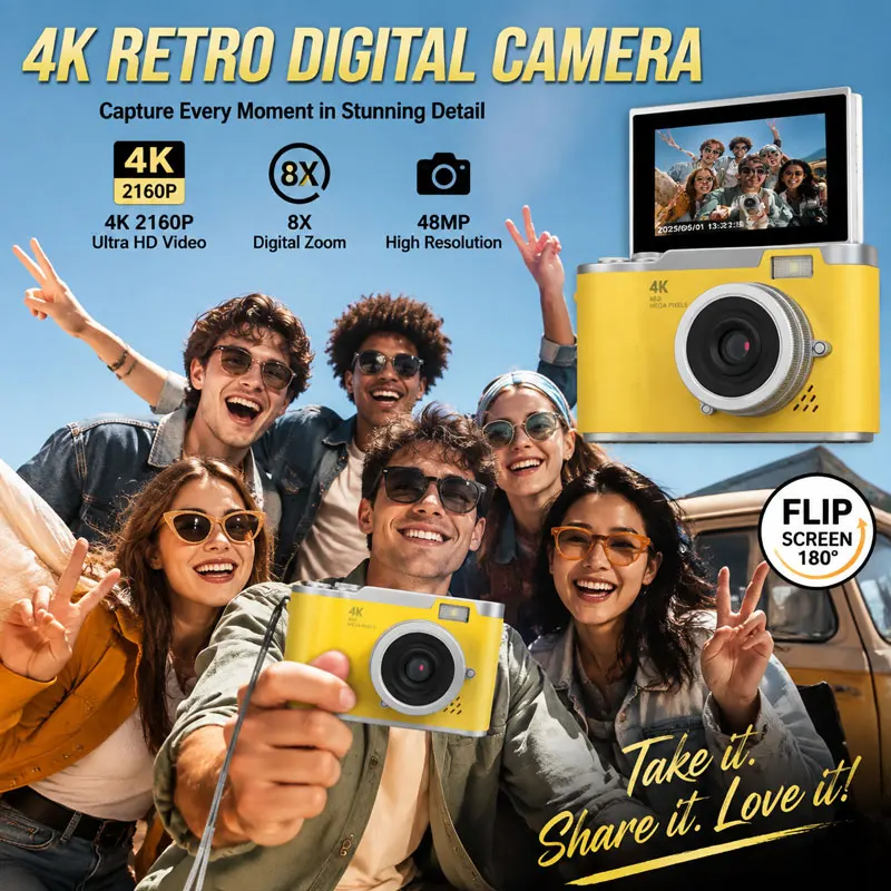 Digital Camera 8X Digital Zoom Vintage Vlog Video Recorder 180° Flip Screen Selfile Compact Digital Photography Camera for Kid