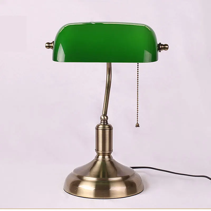 Bank Table Lamp European Style Glass Lamp Retro Office Desk Lamp Antique Copper Living Room Bedroom Decorative Bedside Desk Lamp