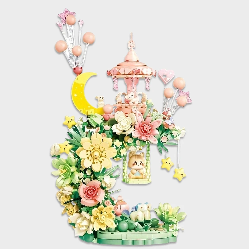 كاروسيل إبداعي لتزيين المنزل ، مكعبات بناء زهور لطيفة ، هدايا للبنات ، أرجوحة