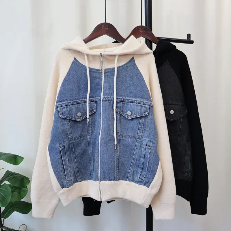 Zipper Cardigan Women Denim Spliced Hooded Jumpers Long Sleeve Knit Sweater Loose Outerwear Draw String Casual Pockets