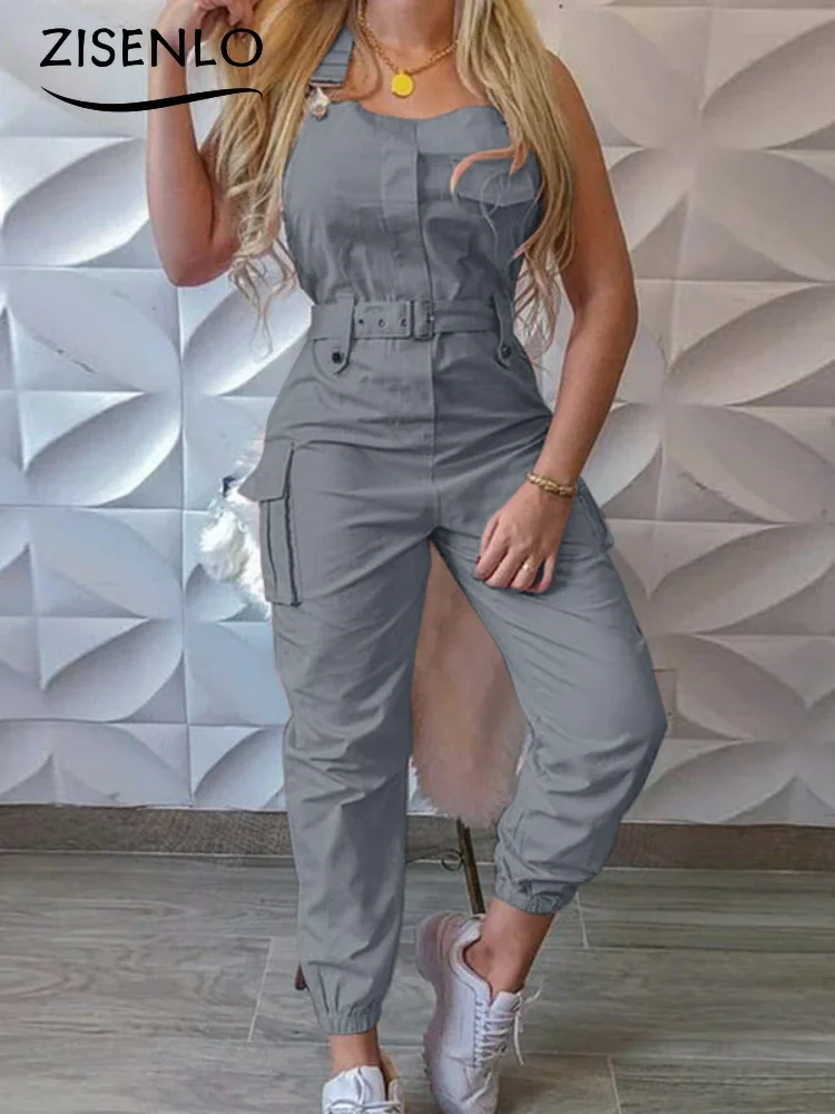 Long Jumpsuits Summer Belt Type Sleeveless Work Jumpsuits Solid Color Casual Trousers Chic and Elegant Woman Overalls One Pieces