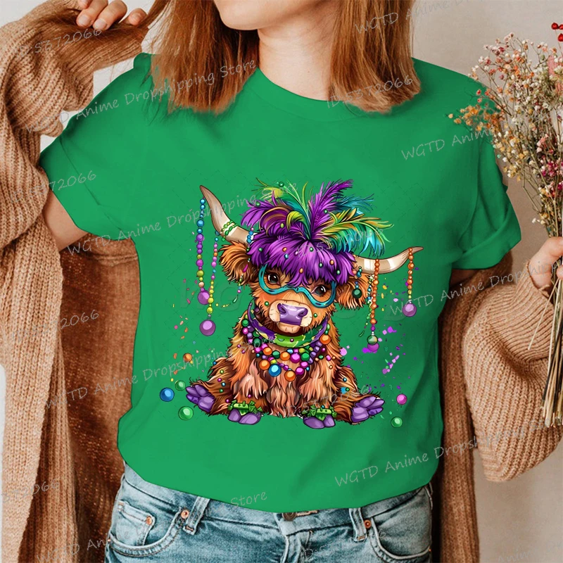 Mardi Gras Cute Mountain Cattle T Shirts Women Retro O-Neck Carnival T-shirts Fashion Mardi Gras Trend Streetwear Ladies Tshirt