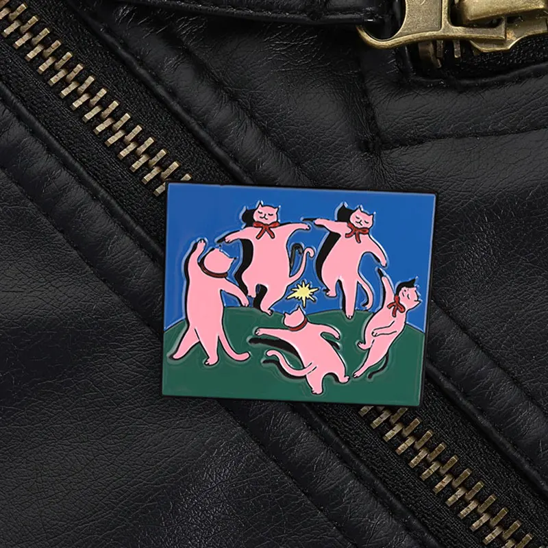 Aesthetic Art Cartoon Dancing Kitten Metal Badge Retro Grass Party Cat Lapel Pin Bag Accessories