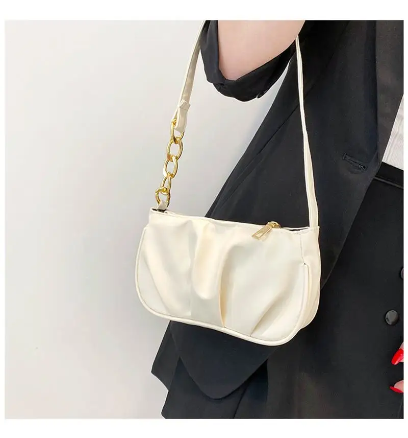 Vintage Women Pleated Thick Chain Shoulder Underarm Bag Casual Fashionable Ladies Small Handbag Purse Pure Color Square Bags