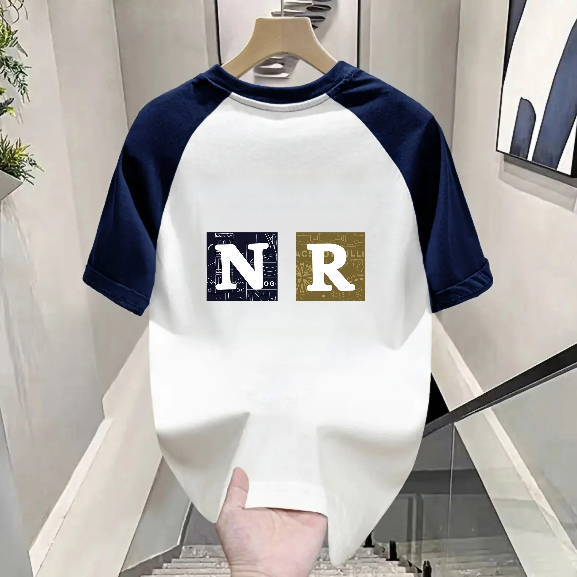 

Летняя футболка из чистого хлопка с цветными вставками, стильный топ с круглым вырезом, повседневный модный свитшот для мужчин и женщин