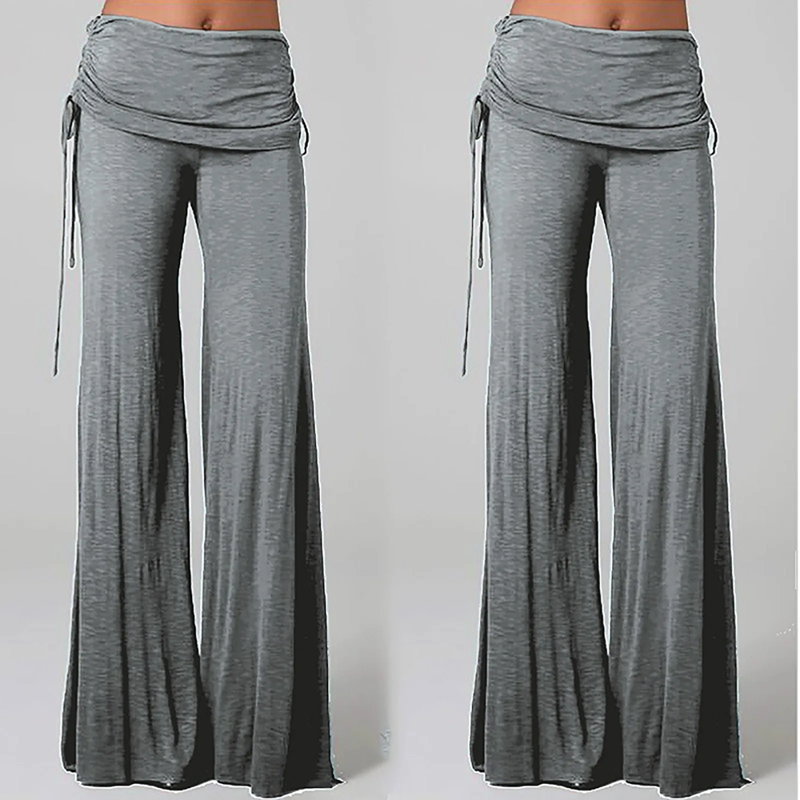 Women Flares Dance Yoga Pants Solid Color Casual Ballroom Dance Pants Comfortable Fold High Waist Drawstring Wide Leg Pants