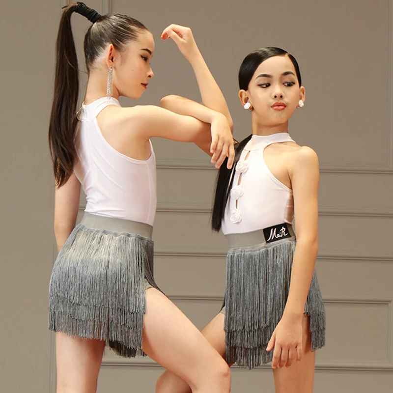 New Girls Latin Dance Clothes Summer Training Practice Wear White Tops Gray Tassel Skirt Sleeveless Performance Costume DNV21220