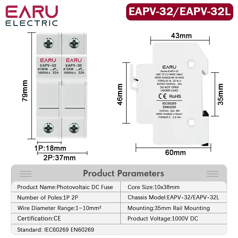 1P 2P Parallel Din Rail DC Fuse Holder 10*38mm High Voltage Solar PV 1000V Base Photovoltaic System Protection Protector gpV