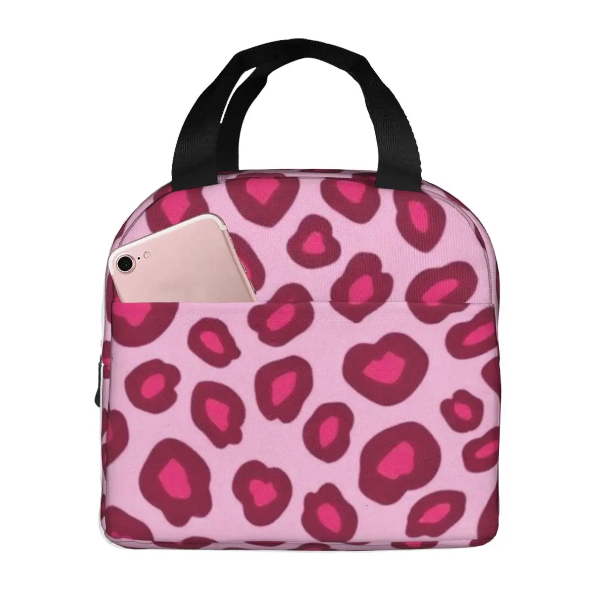 Pink Leopard Print Insulated Lunch Tote Bag for Women Resuable Cooler Thermal Food Lunch Box Outdoor Camping Travel