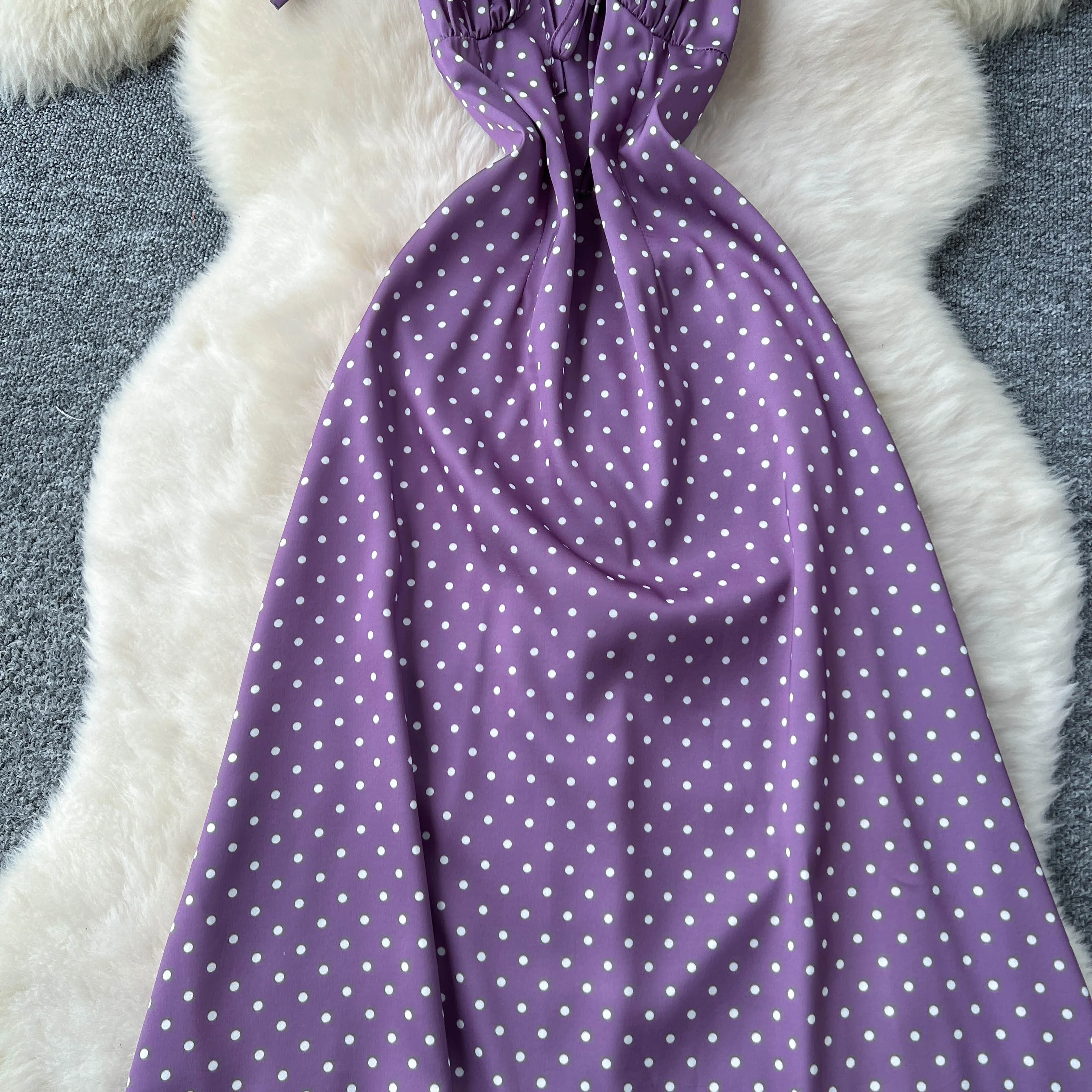 Chic Elegant Ruched Polka dot satin Korean Fashion Fairy Sexy High Waist Vestidos Summer Vacation dress