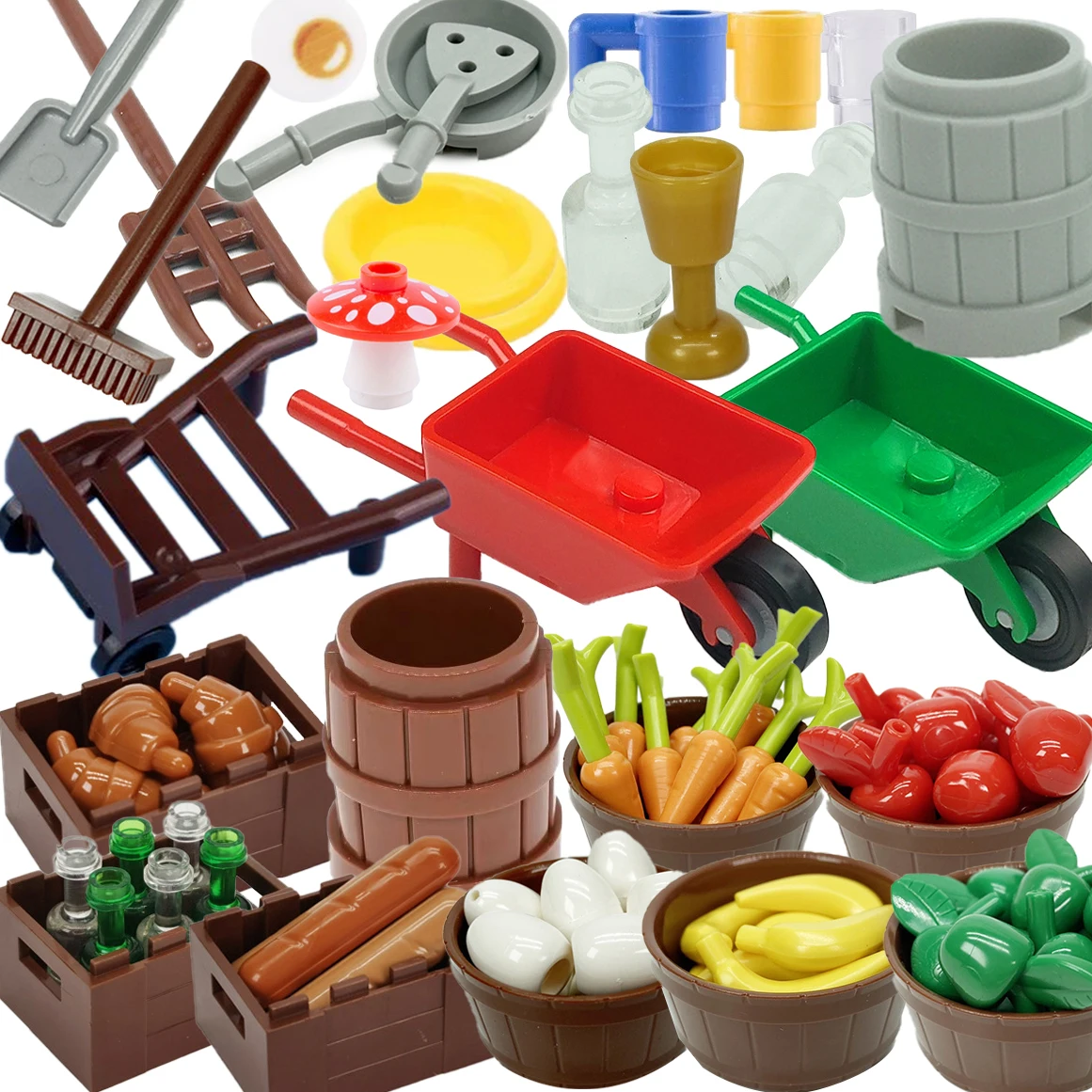 MOC City Farm Fruit Food Building Blocks Wooden Barrel Carrot Basket Cart Plate Bread Bottle Fish Egg Apple Bricks Toys