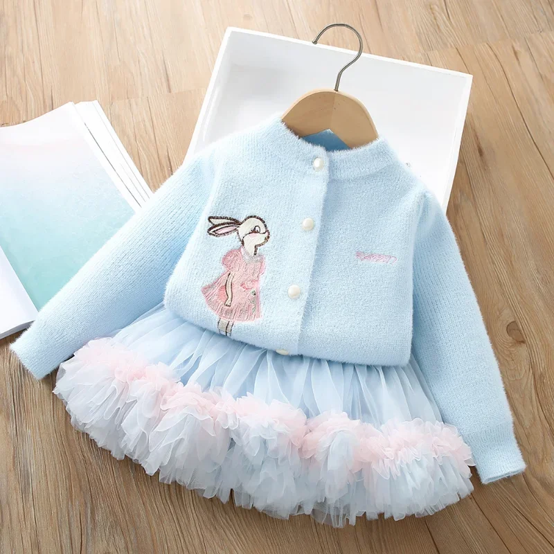 Girls\' Sweater Set 2024 New Cute Cartoon Little Girl Knitted Cardigan +tutu Skirt Two-piece Set 2-6y