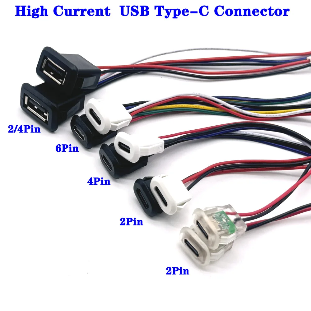 

USB Connector Type-C Waterproof with PH 2.0 2Pin 4Pin 6Pin locking plate Female Waterproof High Current Fast Charging jack port