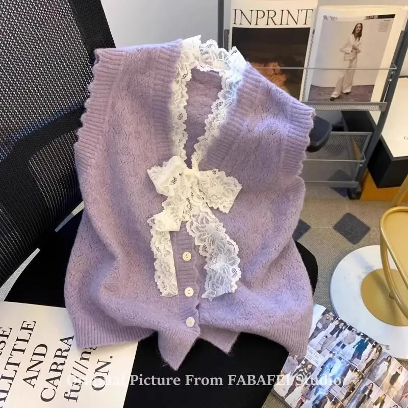

Gagarich Lace Bow Vest Knitted Cardigan Women Fashion New Style Spring and Autumn Outerwear Sweater Vest