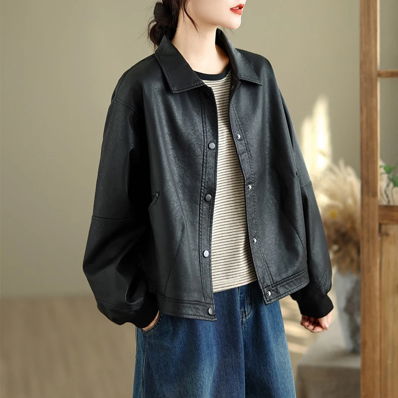 Masss Wasss 2026 Womens British Vintage Soild Leisure Classic Faux Leather Jackets Females Spring Fashion Loose Biker PU Coats