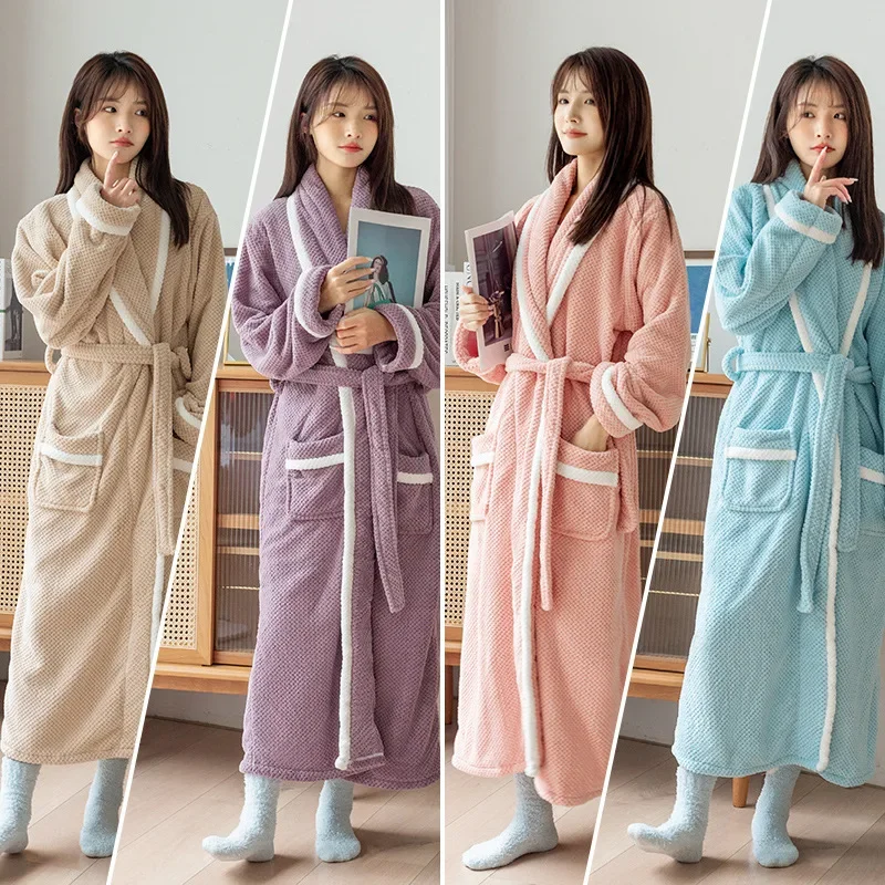 Warm Autumn Winter Coral Fleece Robe Long Sleeve Extended Bathrobe Homewear Robe Cozy Kimono Shower Robes Loose Nightgown