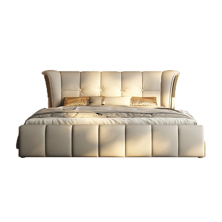 

Итальянская светлая роскошная современная минималистичная кожаная главная спальня премиум-класса, роскошная элитная атмосфера, 2 м x 2 м, 2 двуспальная свадебная кровать