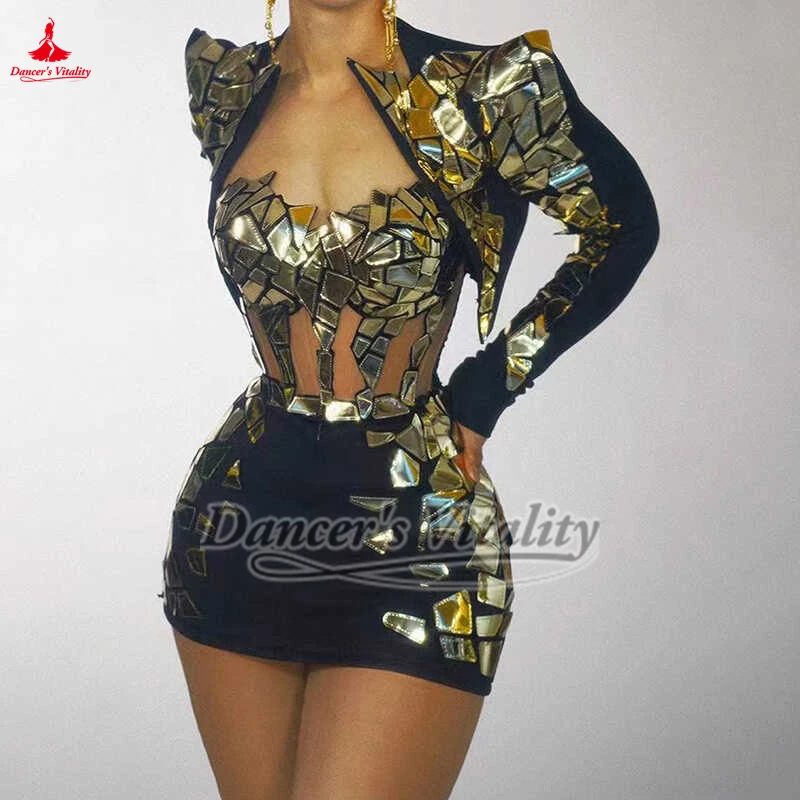 Photography Studio Nightclub DJ Bar Mirror Fragment Hollow Out Two-piece Skirt Women Social Media Anchor Stage Outfit Customize