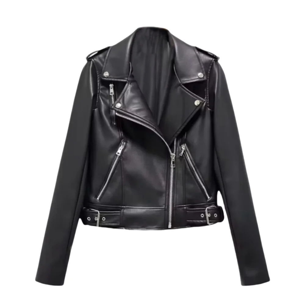 Taop&Za Short Leather Jacket 2024 Early Autumn New Design Sense Belt Design Collar Long Sleeve Jacket for Women