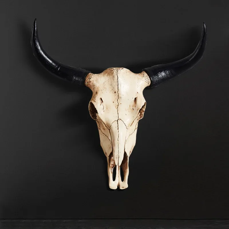 Creative 3D Longhorn Cow Skull Head Ornament Wall Hanging Resin Animal Statue Crafts Home Office Decor Retro Bull Skull Figurine