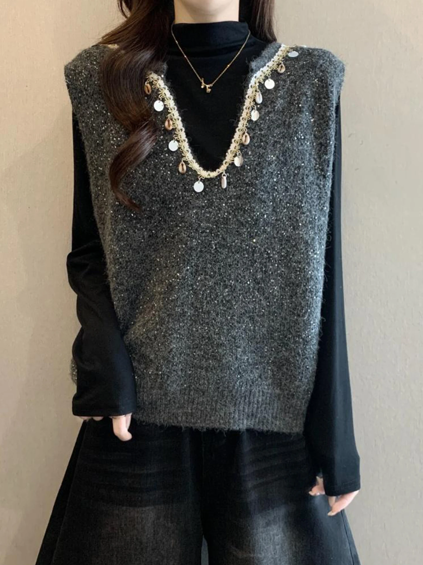 

Женский комплект из двух предметов: вязаный жилет и базовая рубашка больших размеров, осенний модный стиль, с высоким воротником, для многослойных образов