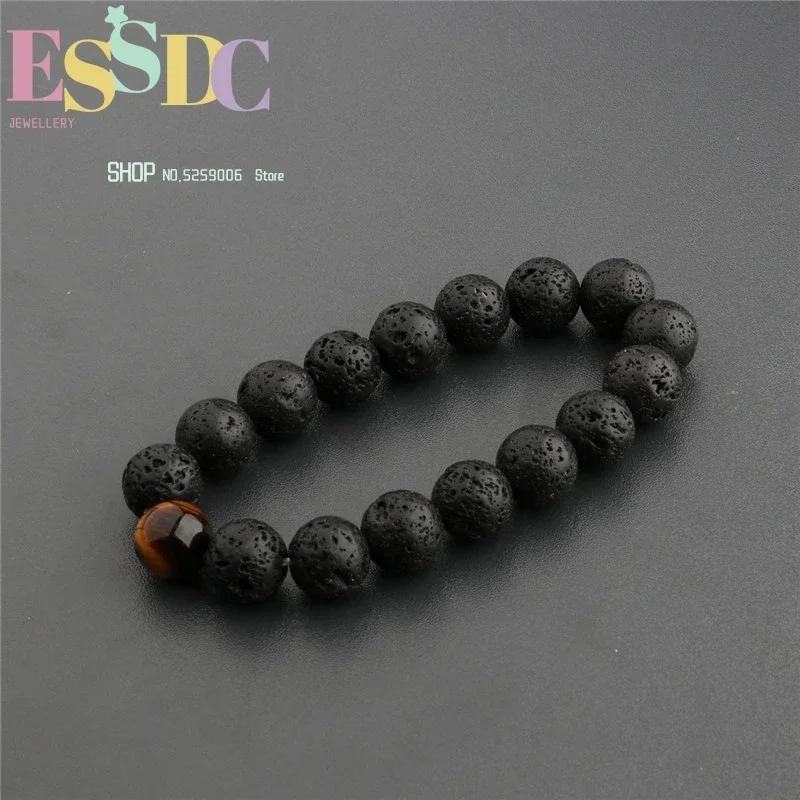 Wholesale Black Volcanic Lava Stone Tiger Eye 12mm Beaded Bracelet For Men  Fashion Personality Jewelry