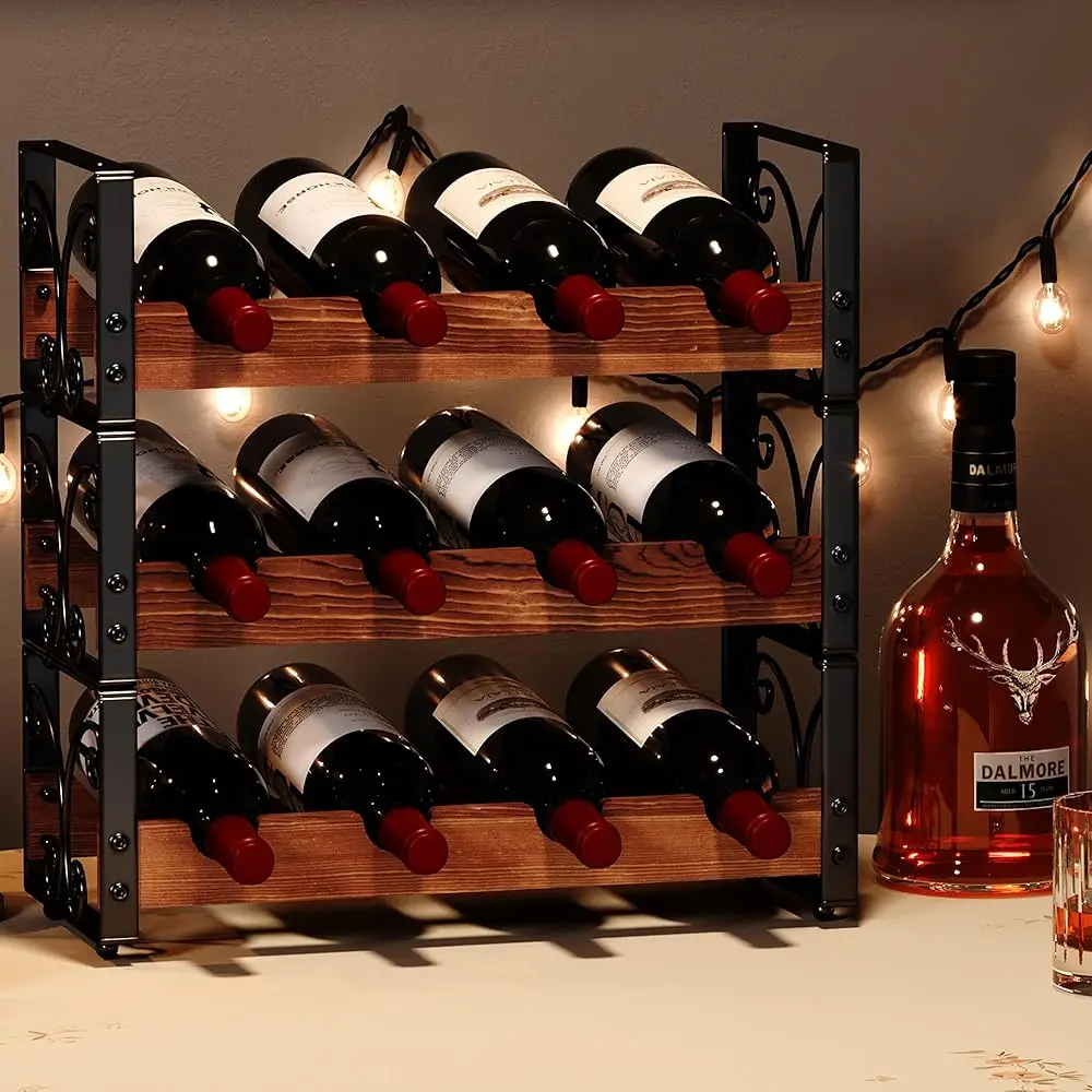 

12 Bottle Wine Ra Freestanding, 3-Tier Stackable Countertop Storage With Solid Wood & Wrought Iron, Space Saving Tabletop Wine