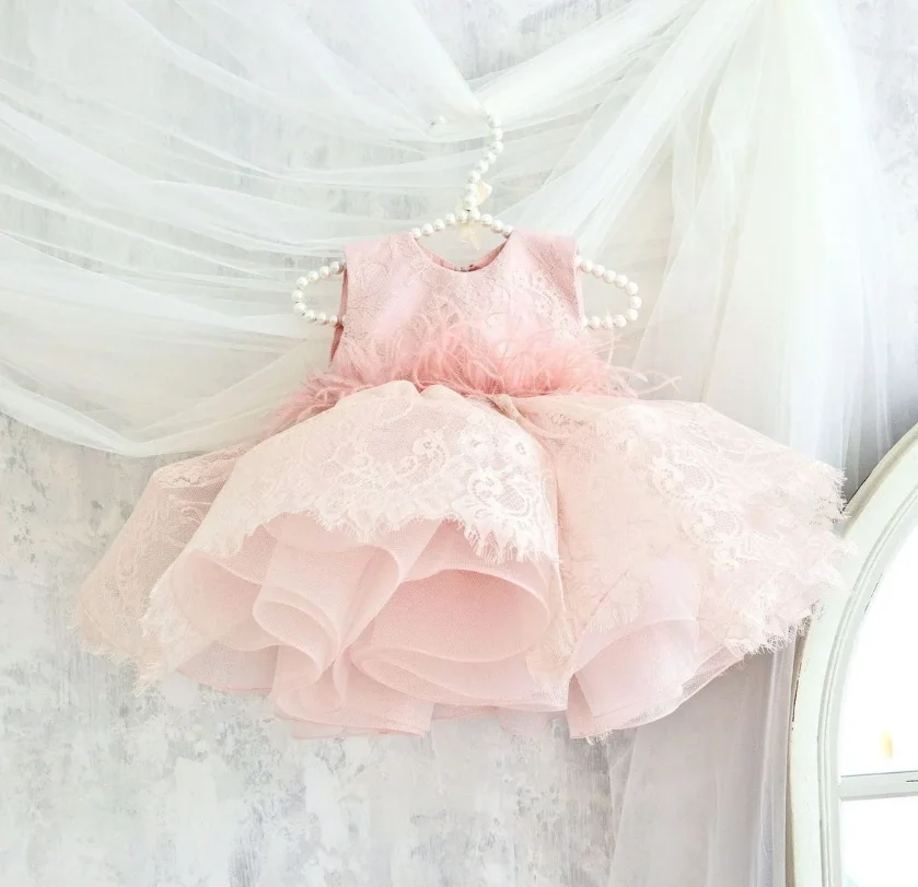 

Lace Pink Birthday Dress Flower Girl Dress Pageant Baby Girl Outfit With Feathers Tutu Toddler 1st Birthday Dress for Princess