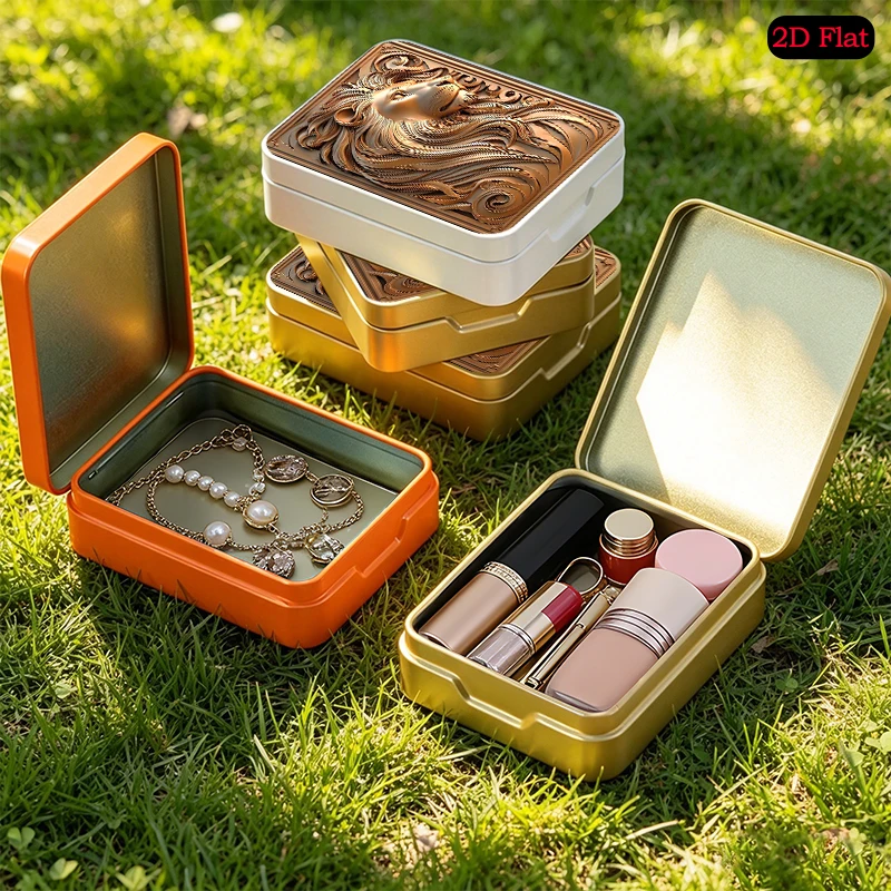 Bronze Lion Head Relief theme Home Small Object Tin UV Printed Flip Top Box, Portable Personalized Photo Tinplate Box