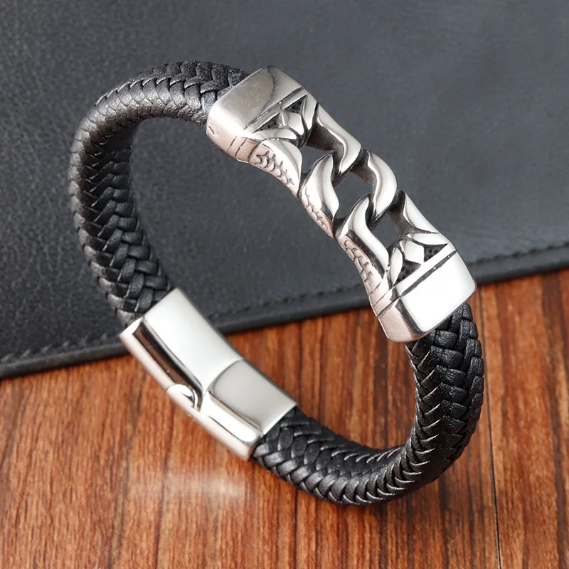 Vintage Stainless Steel Totem Jewelry Hip-Hop Genuine Leather Weave Viking Bracelet for Men Party