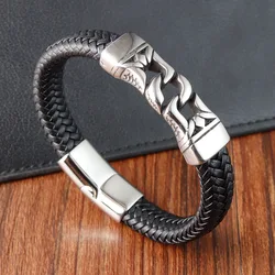 Vintage Stainless Steel Totem Jewelry Hip-Hop Genuine Leather Weave Viking Bracelet for Men Party