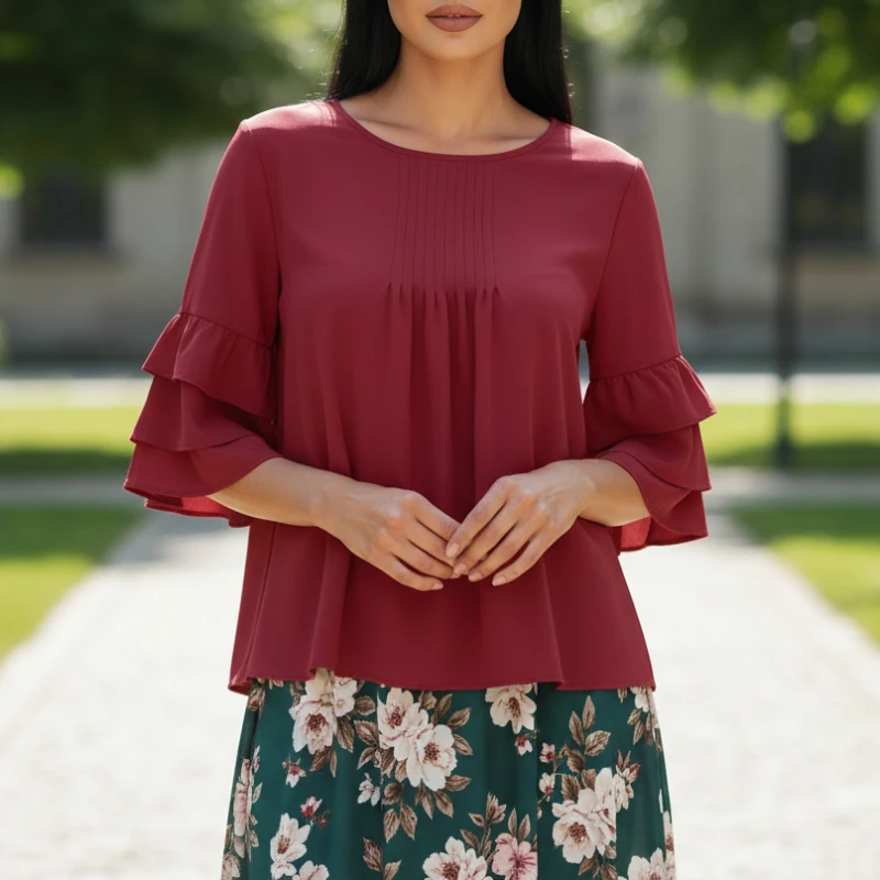 ZANZEA Casual Chic Damesblouses Lentemode Gelaagde Ruches Mouw O-hals Effen Kleur Tops Dagelijks gebruik Dameskleding 3XL