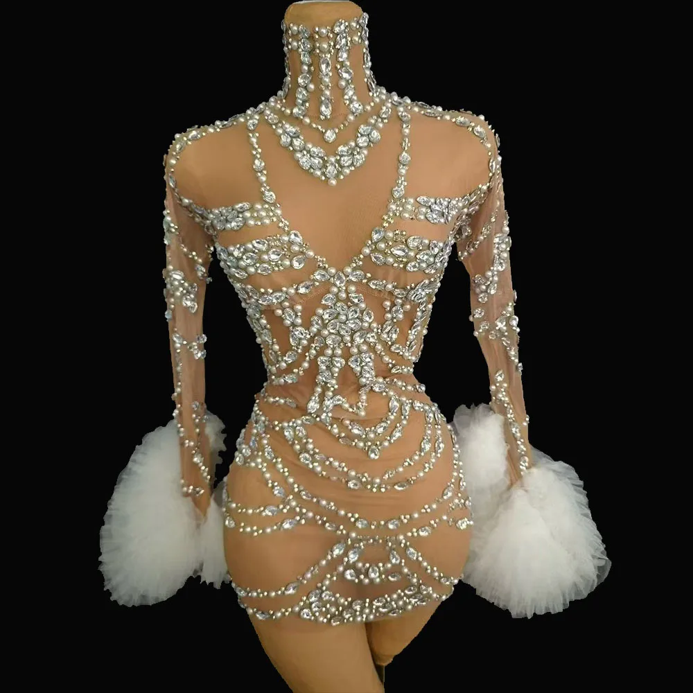 Sparkly Rhinestones Pearls Short Dress Women Sexy Transparent Birthday Celebrate Evening Dress Stage Wear Photoshoot Costume