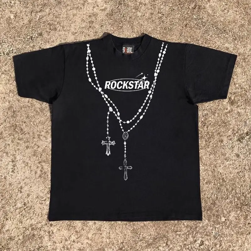 

Juspinice Rock Hip-hop Style Printed T-shirts for Men Summer Black O-neck Short-sleeved Casual Loose Pull on Lightweight Tees