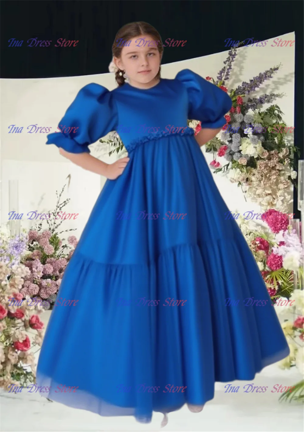 

Элегантное синее платье для крещения и причастия, платье с цветочным узором для девочек, атласная тафта, пышные свадебные платья, детские платья принцессы для дня рождения