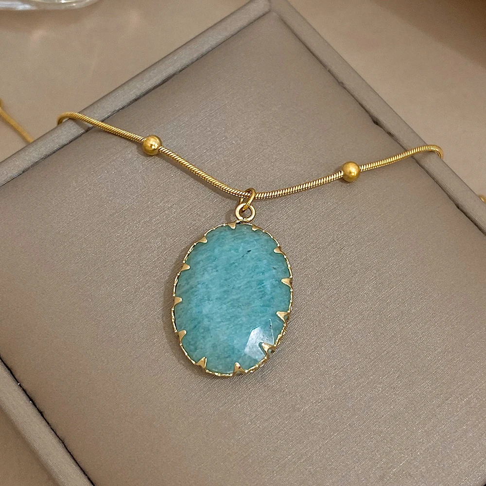 DODOHAO New Stainless Steel Jewelry Blue Natural Amazonite Stone Pendant Collar Necklace for Women Gold Plated Chic Charm Choker