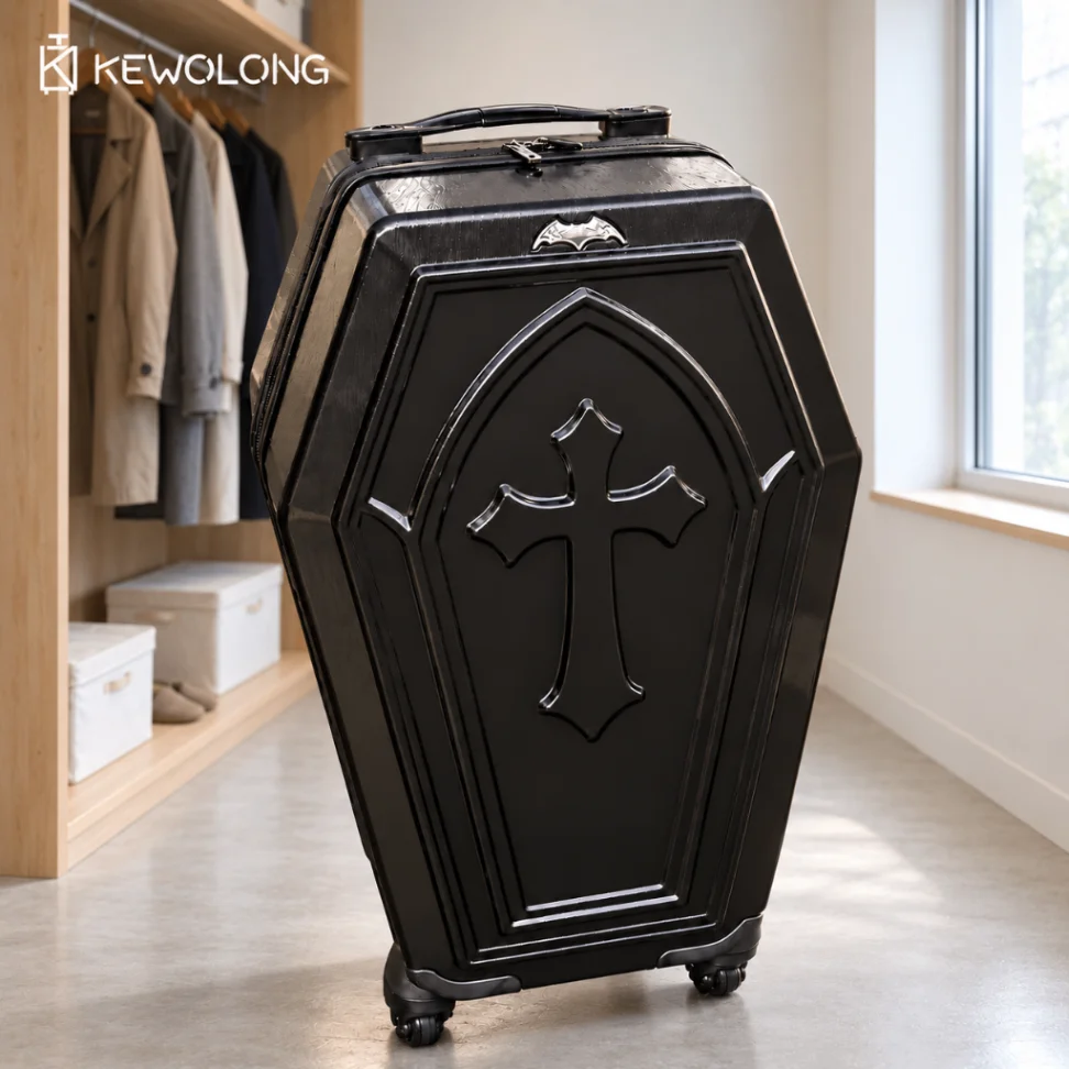 Gothic Coffin Shape Trolley Suitcase Halloween Vampire Coffin Luggage Case with Wheels Black Punk Travel Storage Box Cosplay