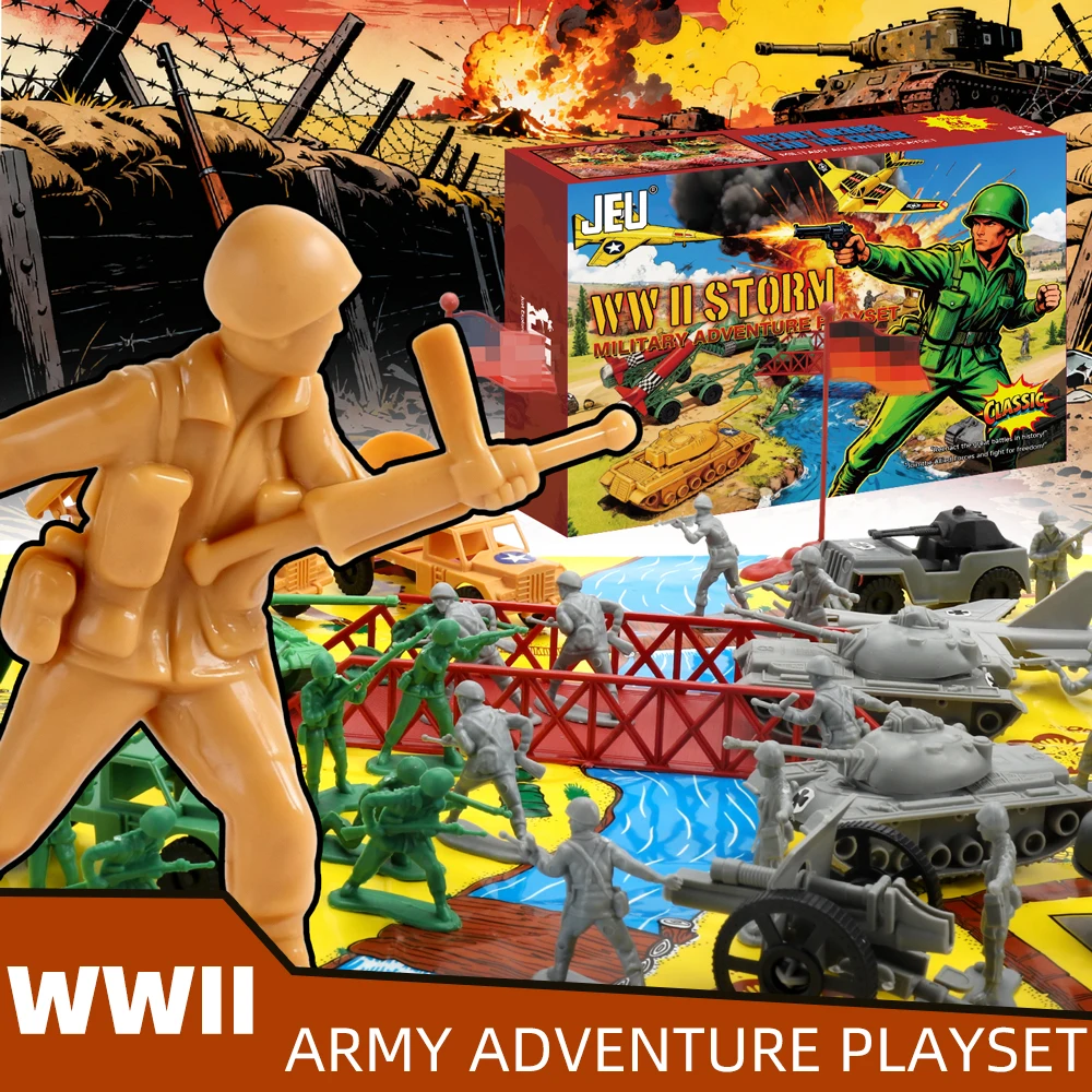 Zestaw do zabawy ViiKONDO Army Men, wojskowe przygody, plac bitewny z II wojny światowej, samolot, czołg, rakietnik, pojazd, figurka żołnierza, gra wojenna, kolorowe pudełko