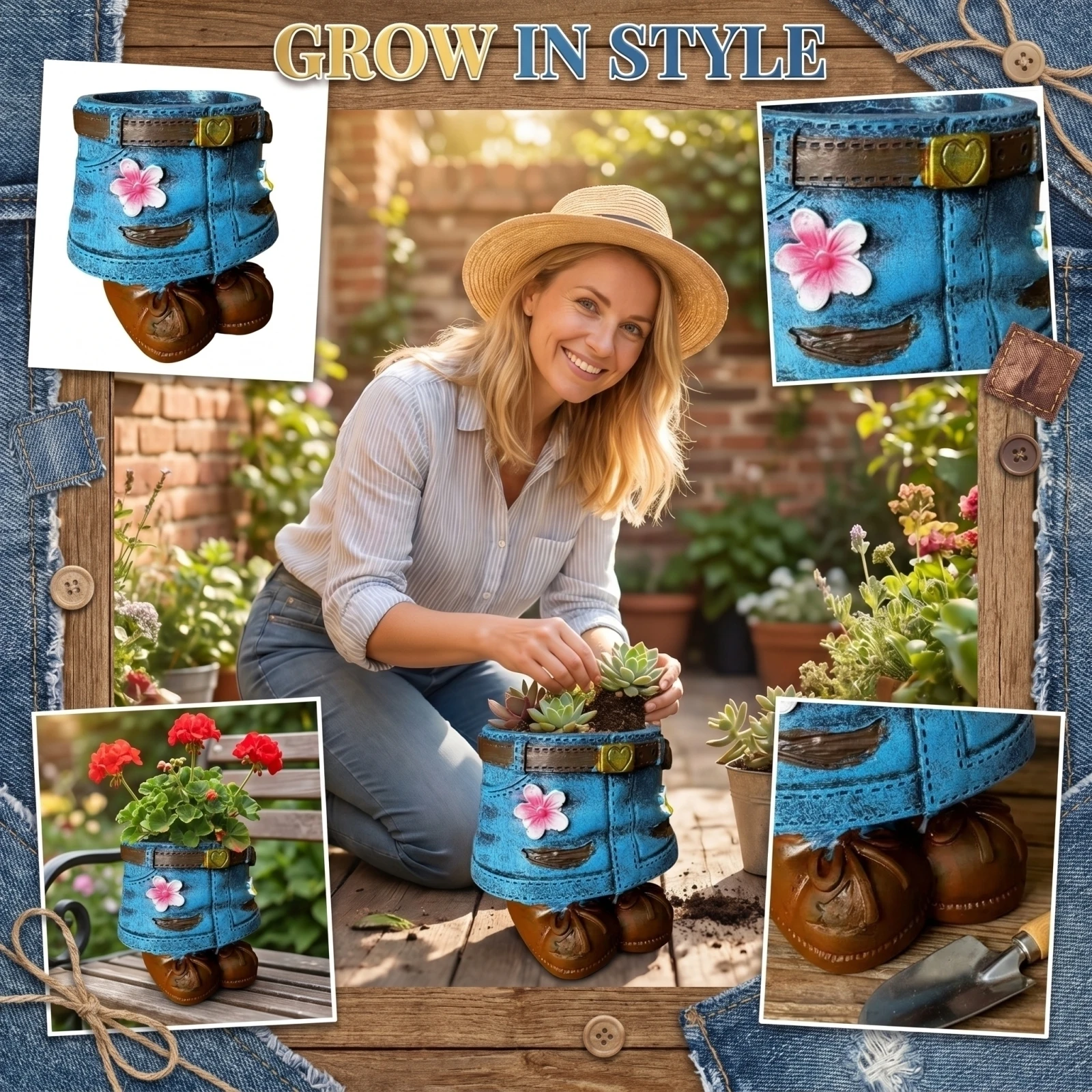 Creative Blue Denim Skirt Fflower Pot Succulent Pot Flower Planter Artistic Resin Flowerpot For Decorative Garden Ornaments