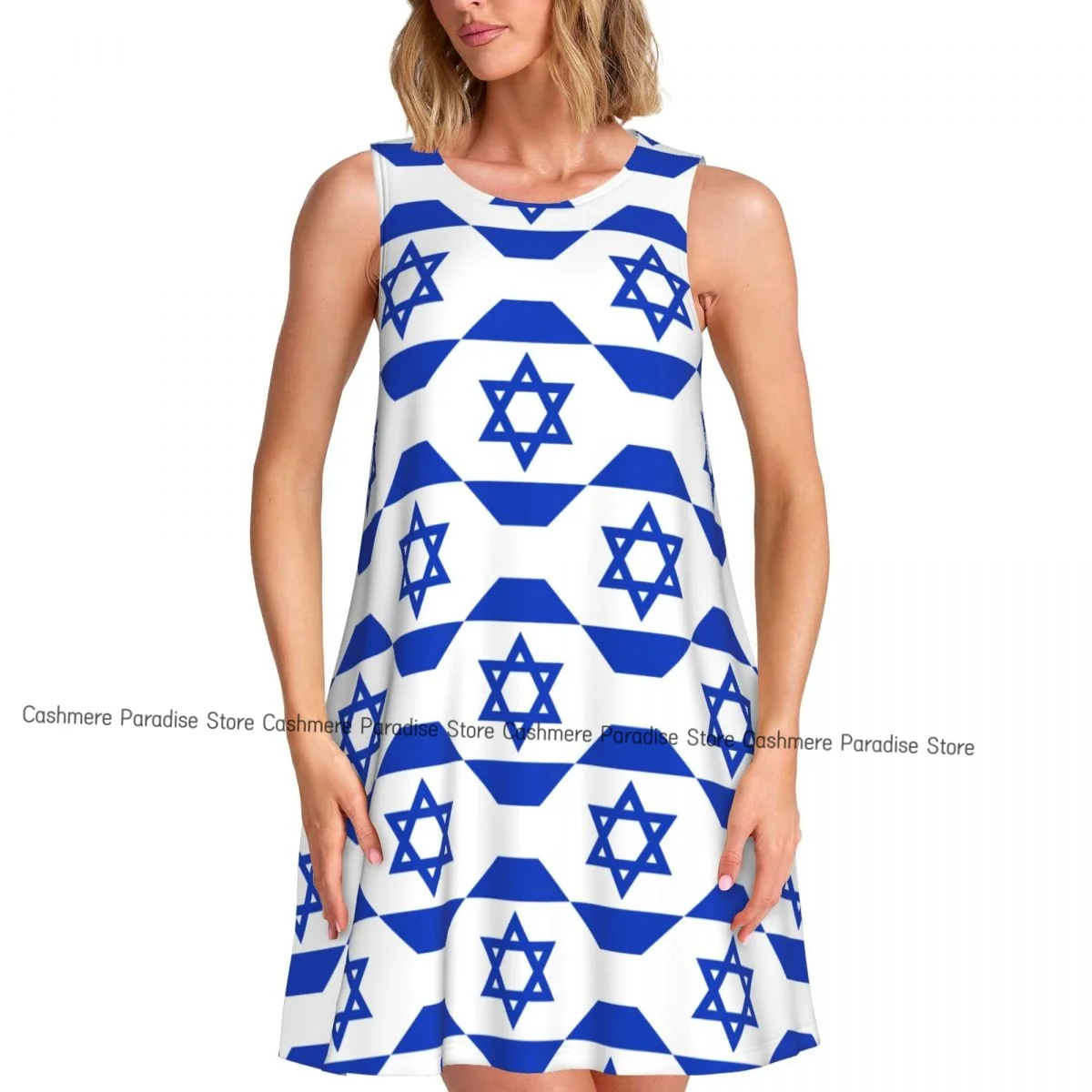 فستان نسائي علم إسرائيل فساتين صيفية كاجوال تي شيرت لتغطية الشاطئ فستان بدون أكمام