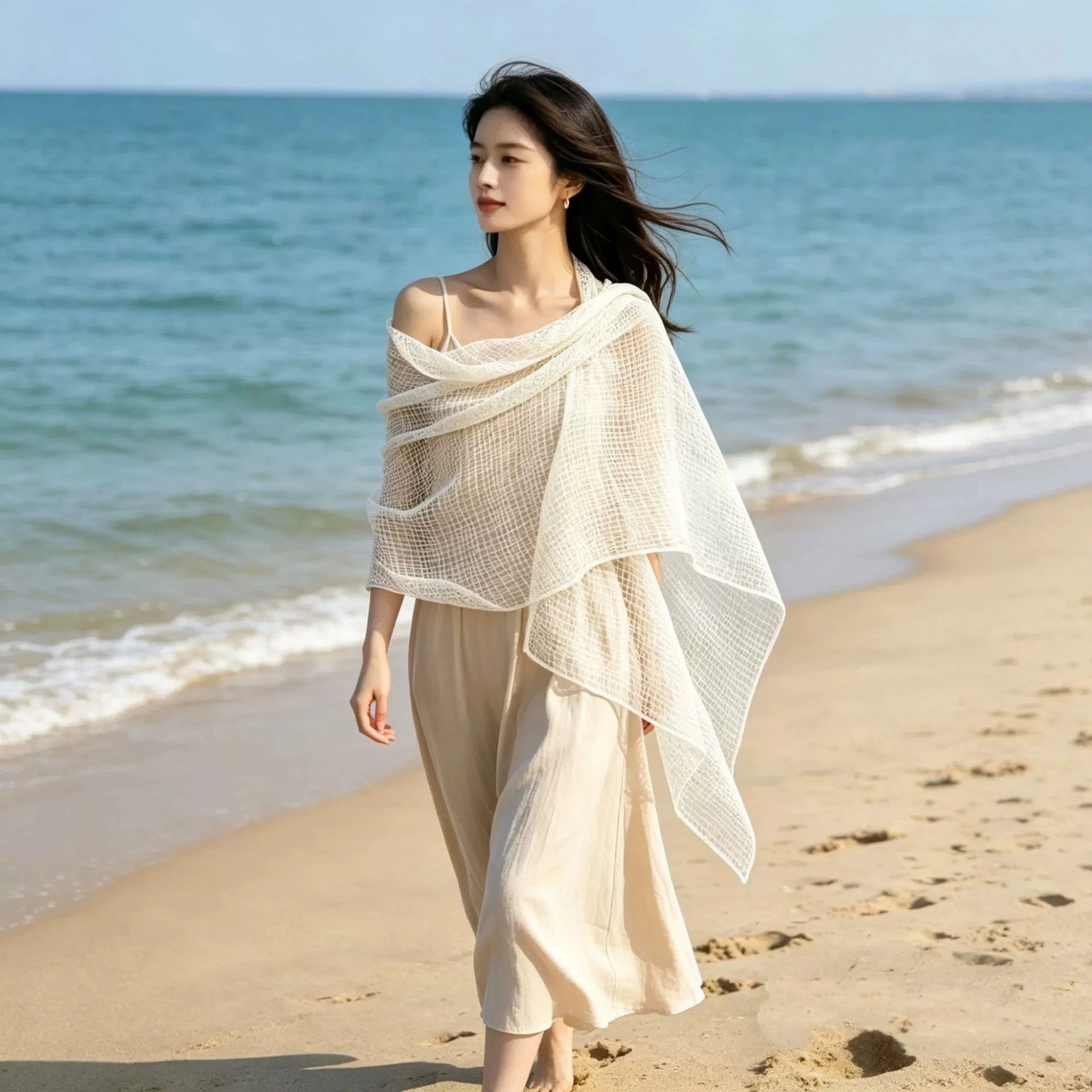 

Summer Vacation Elegant Lightweight Silk Scarf Hollow Sun Protection Beach Scarves and Shawls