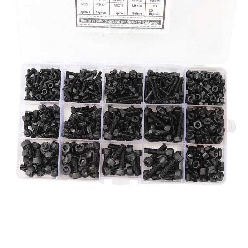 560PCs Hex Screw Carbon Steel Cylindrical Head With Nut Corrosion Resistant Fastener M3 M4 M5