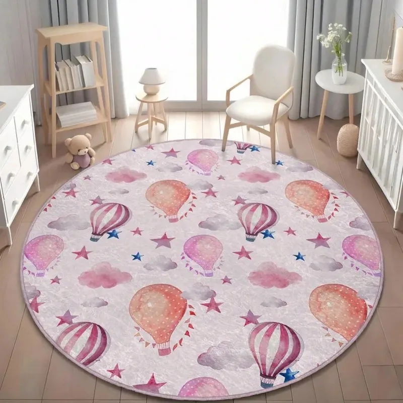 Round Area Rug Hot Air Balloon Pattern Carpet Travel Theme Home Decor Floor Cover Living Room Lounge Accent Whimsical