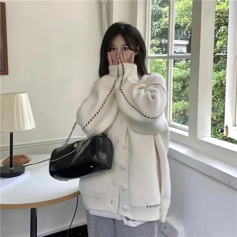 Autumn Knitting Cardigan Sweater Harajuku Loose Lazy Style Soft Knit Cardigans Y2K Ladies Fashion Button All-Match Knitwear Coat