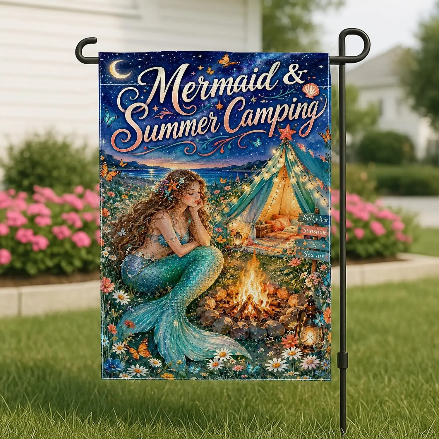 Mermaid Garden Flag, Summer Camping Tent Campfire Summer Blue Burlap Double Sided Yard Decorative Flags for Outdoor Lawn Fro yyi