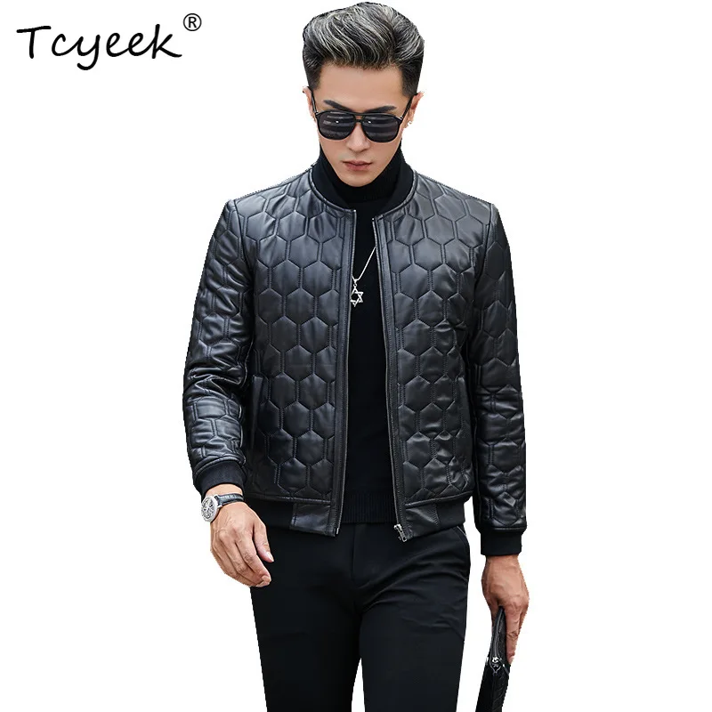 Tcyeek Natural Sheepskin Genuine Leather Jacket Men Autumn Winter Baseball Coat Stand Collar Cotton Coats Male Jaqueta Masculina