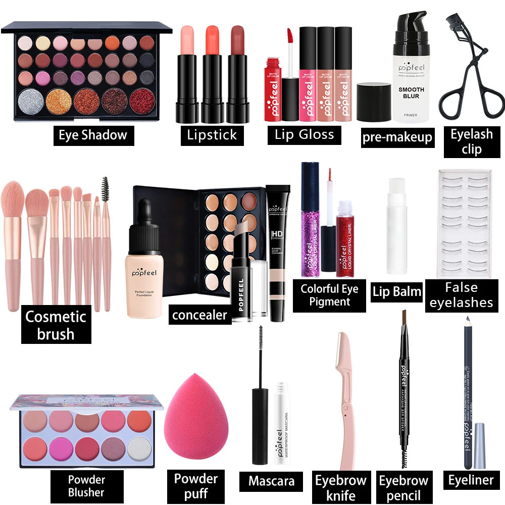 POPFEEL Kompletny zestaw do makijażu dla kobiet z różową kosmetyczką — wszystko w jednym zestawie do makijażu, w tym dla bezskompromisowego wyglądu na całą twarz.