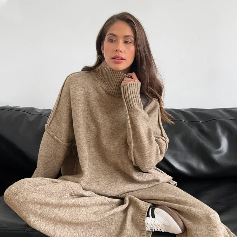 FL Women Turtleneck Sweater Set Loose Slouchy Thick Knit Long Pants Two Piece Outfit Fall Winter 2026 New Trendy Chic Cozy Warm