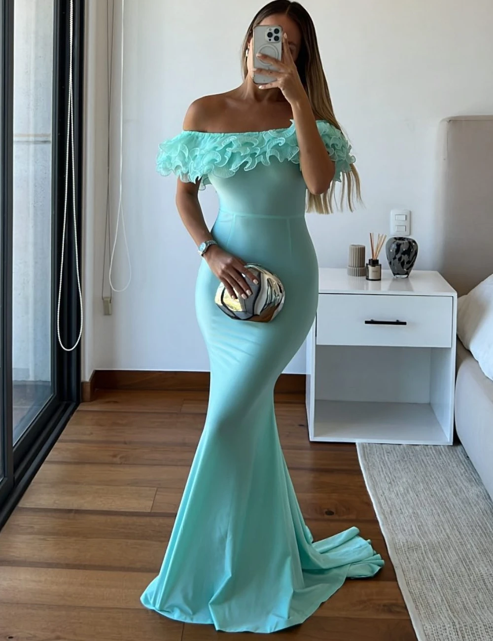 

High Quality Jersey Pleat Trumpet Boat Neck Long Dresses Cocktail Dresses Exquisite Modern Style Sexy Sizes Available